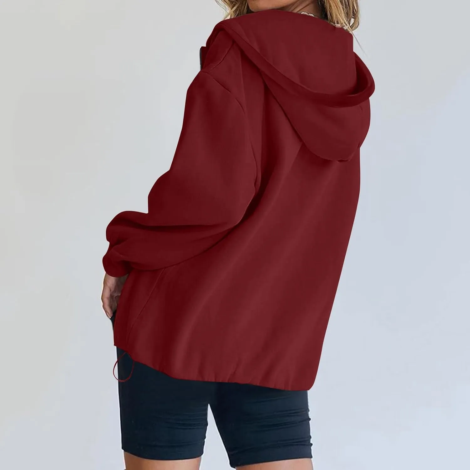 Fleece Oversized Hoodie Women Loose Fit Half Zip Pullover Sweatshirts Trendy Drawstring Hem Jacket with Pockets