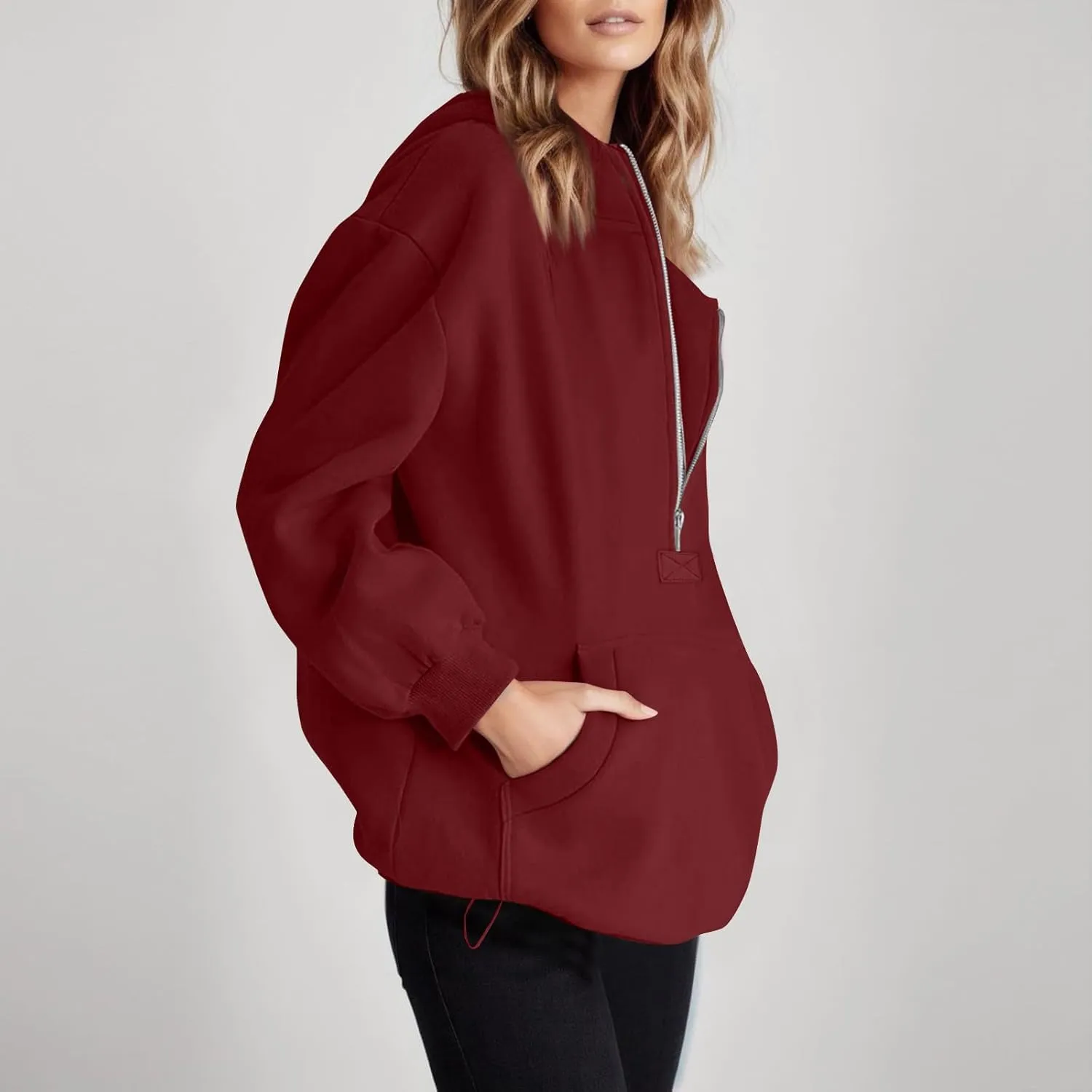 Fleece Oversized Hoodie Women Loose Fit Half Zip Pullover Sweatshirts Trendy Drawstring Hem Jacket with Pockets