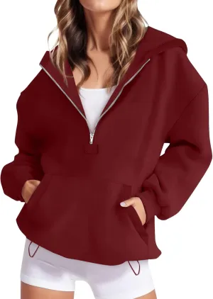 Fleece Oversized Hoodie Women Loose Fit Half Zip Pullover Sweatshirts Trendy Drawstring Hem Jacket with Pockets