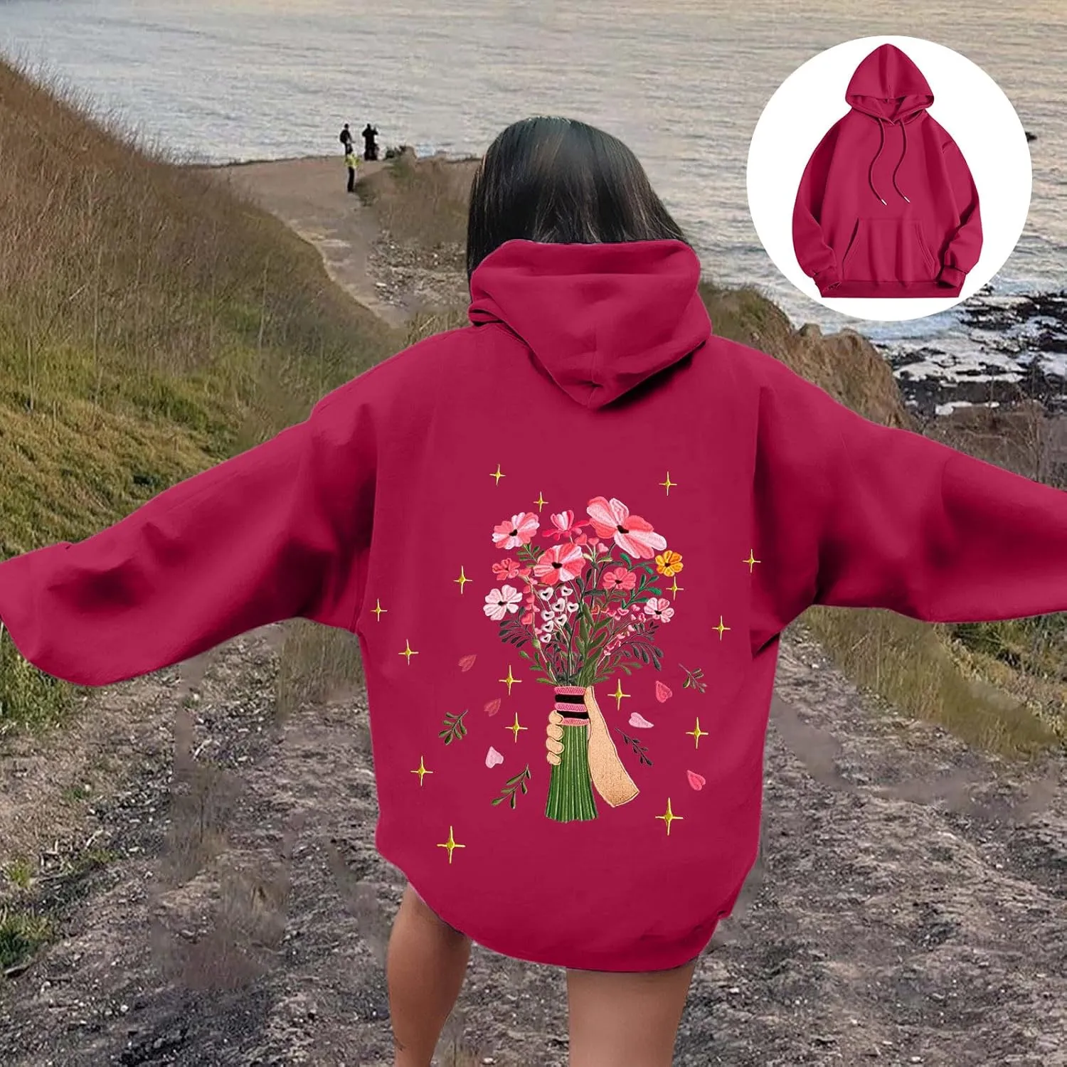 Floral Graphic Hoodies Womens Coquette Oversized Sweatshirts for Teen Girls Y2k Hoodies Cute Fleece Pullover Sweater