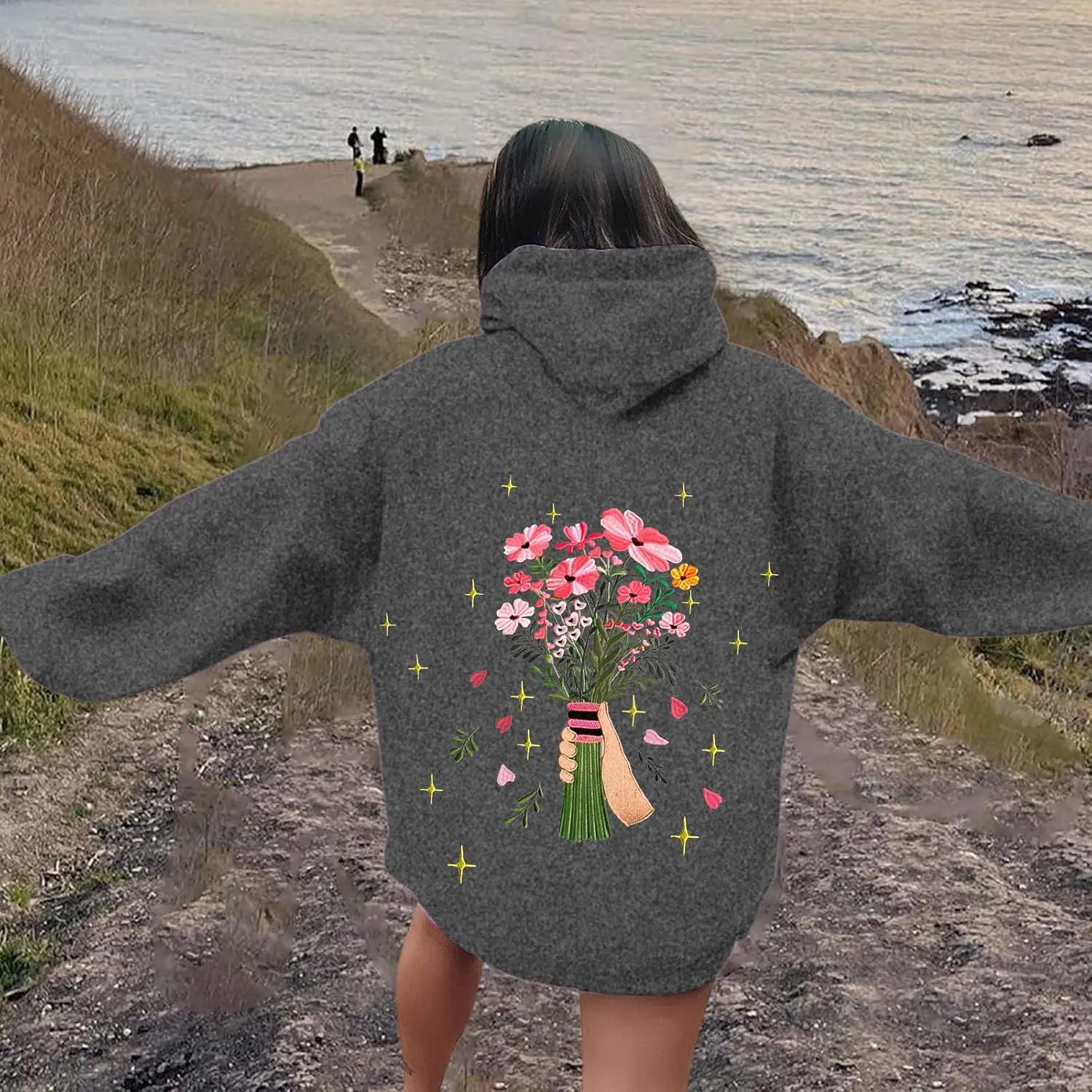 Floral Graphic Hoodies Womens Coquette Oversized Sweatshirts for Teen Girls Y2k Hoodies Cute Fleece Pullover Sweater