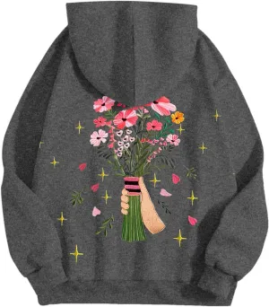 Floral Graphic Hoodies Womens Coquette Oversized Sweatshirts for Teen Girls Y2k Hoodies Cute Fleece Pullover Sweater