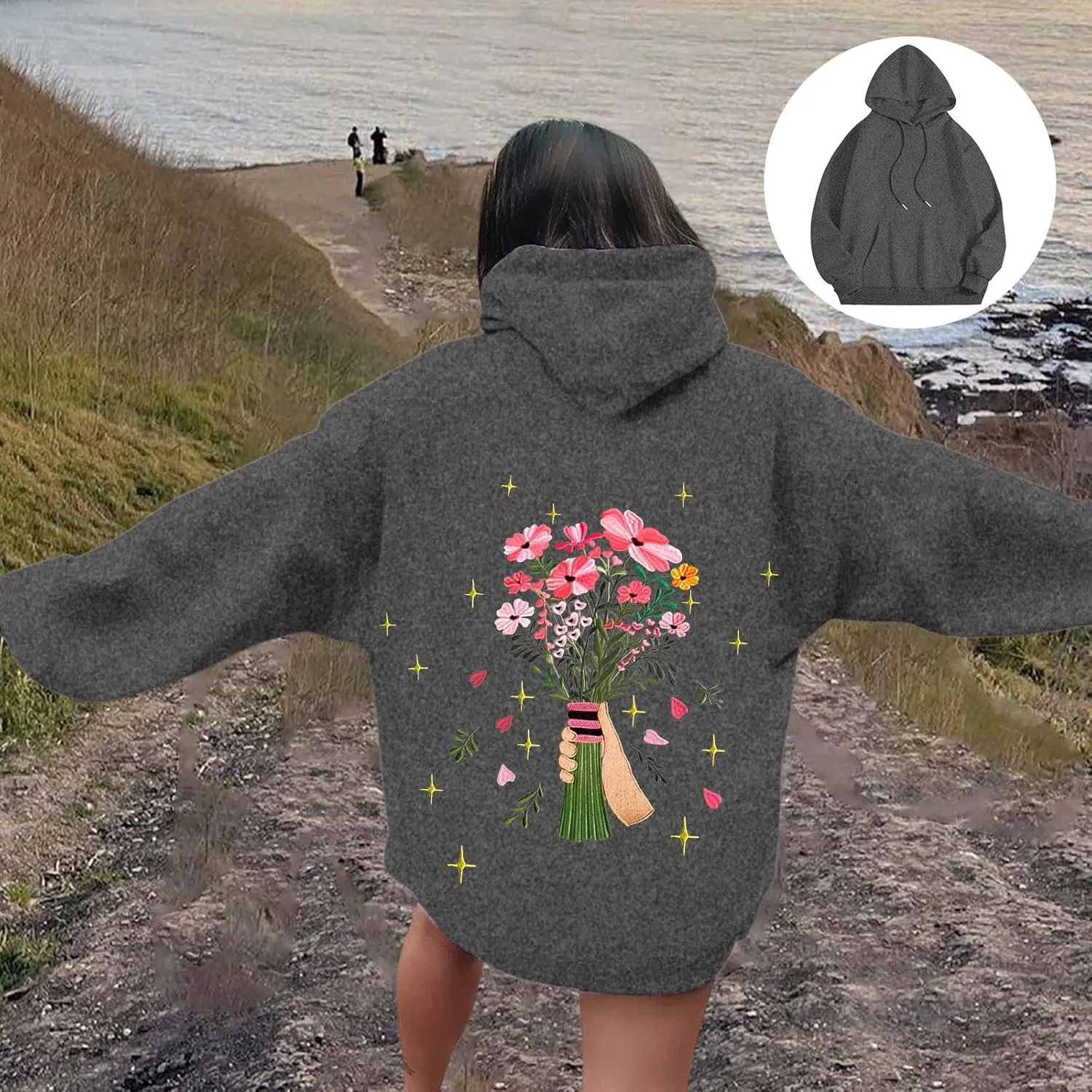 Floral Graphic Hoodies Womens Coquette Oversized Sweatshirts for Teen Girls Y2k Hoodies Cute Fleece Pullover Sweater