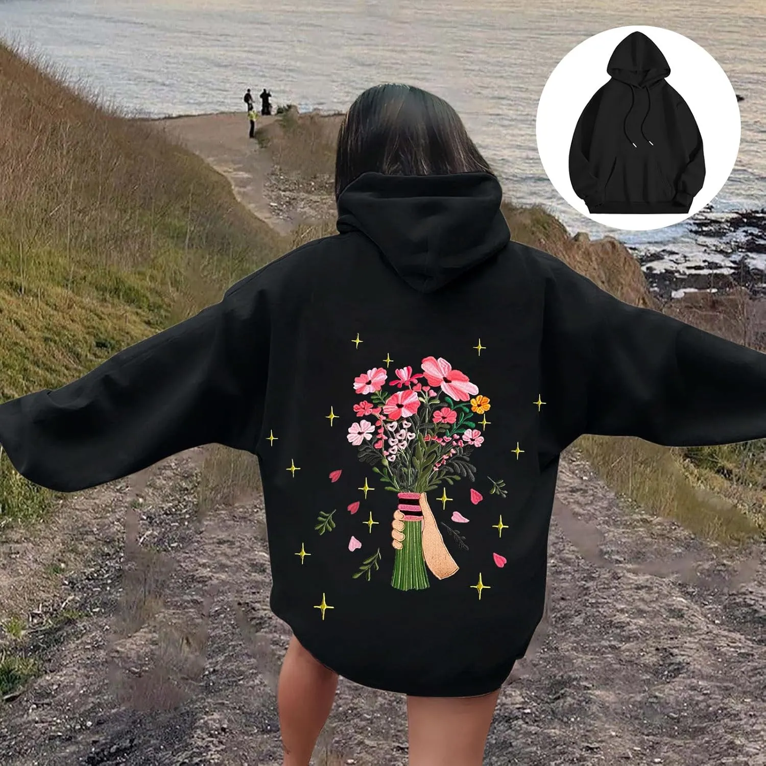 Floral Graphic Hoodies Womens Coquette Oversized Sweatshirts for Teen Girls Y2k Hoodies Cute Fleece Pullover Sweater