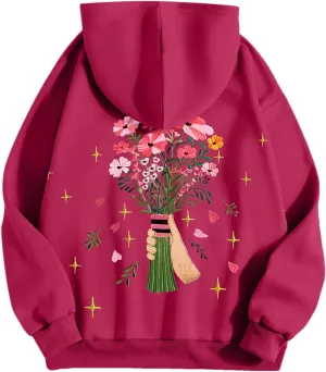 Floral Graphic Hoodies Womens Coquette Oversized Sweatshirts for Teen Girls Y2k Hoodies Cute Fleece Pullover Sweater