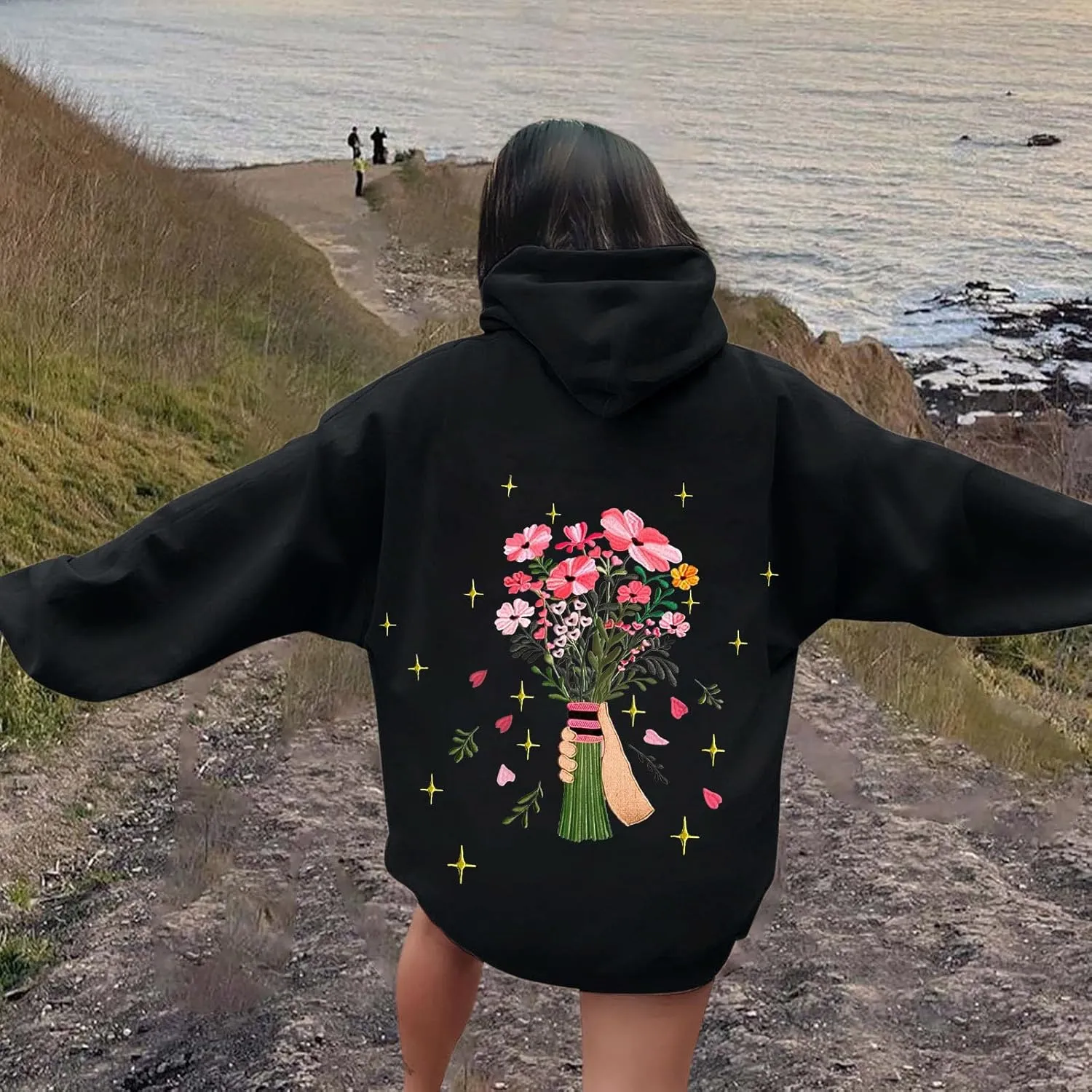 Floral Graphic Hoodies Womens Coquette Oversized Sweatshirts for Teen Girls Y2k Hoodies Cute Fleece Pullover Sweater
