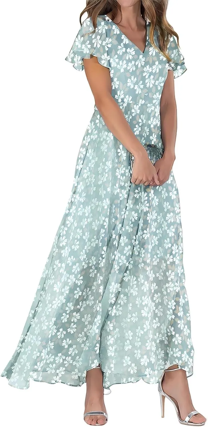 Floral Maxi Dresses for Women 2024 Casual Short Ruffle Sleeve V Neck Boho Dress Ruffle Hem Flowy Dress