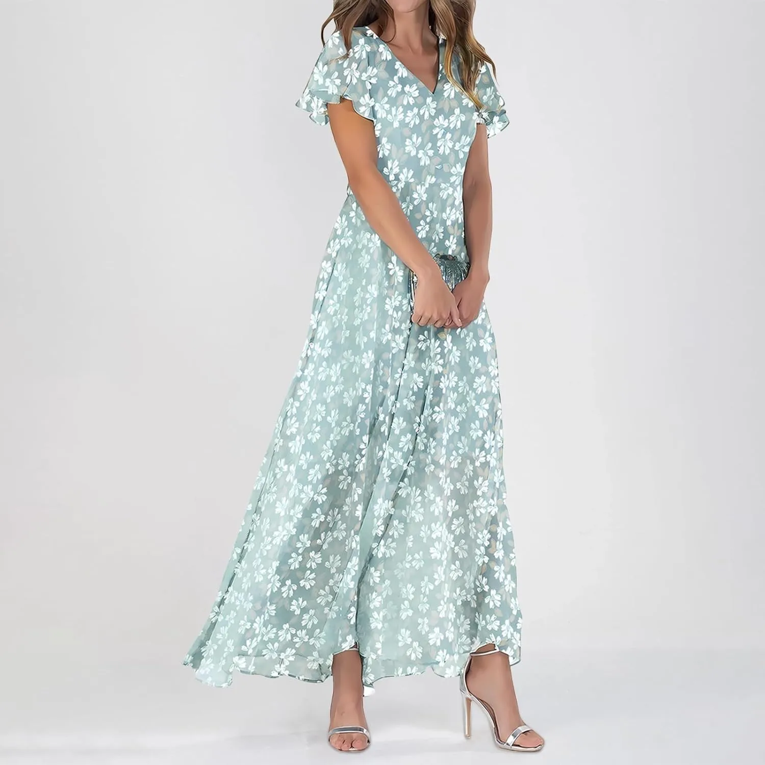 Floral Maxi Dresses for Women 2024 Casual Short Ruffle Sleeve V Neck Boho Dress Ruffle Hem Flowy Dress