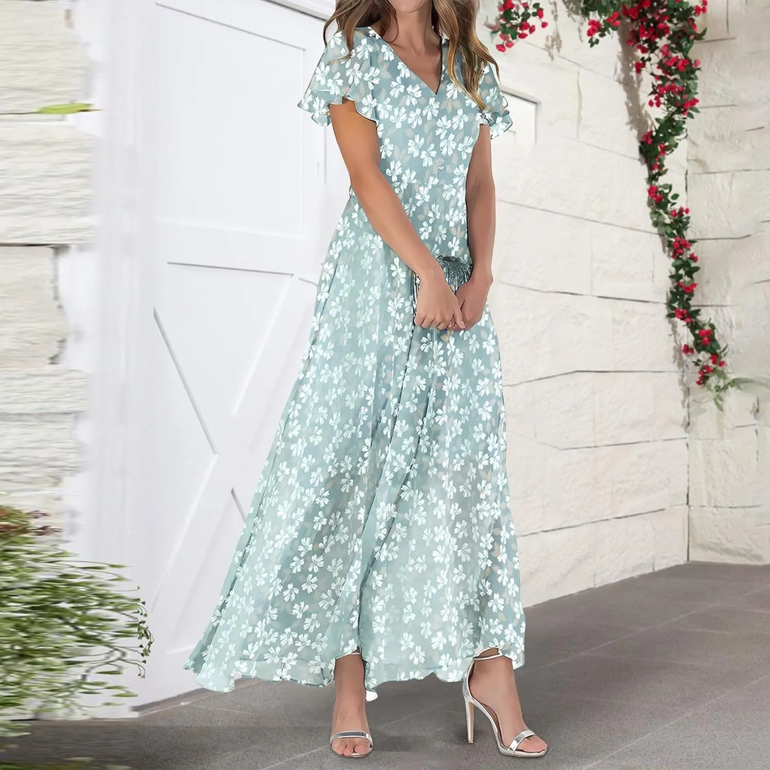 Floral Maxi Dresses for Women 2024 Casual Short Ruffle Sleeve V Neck Boho Dress Ruffle Hem Flowy Dress
