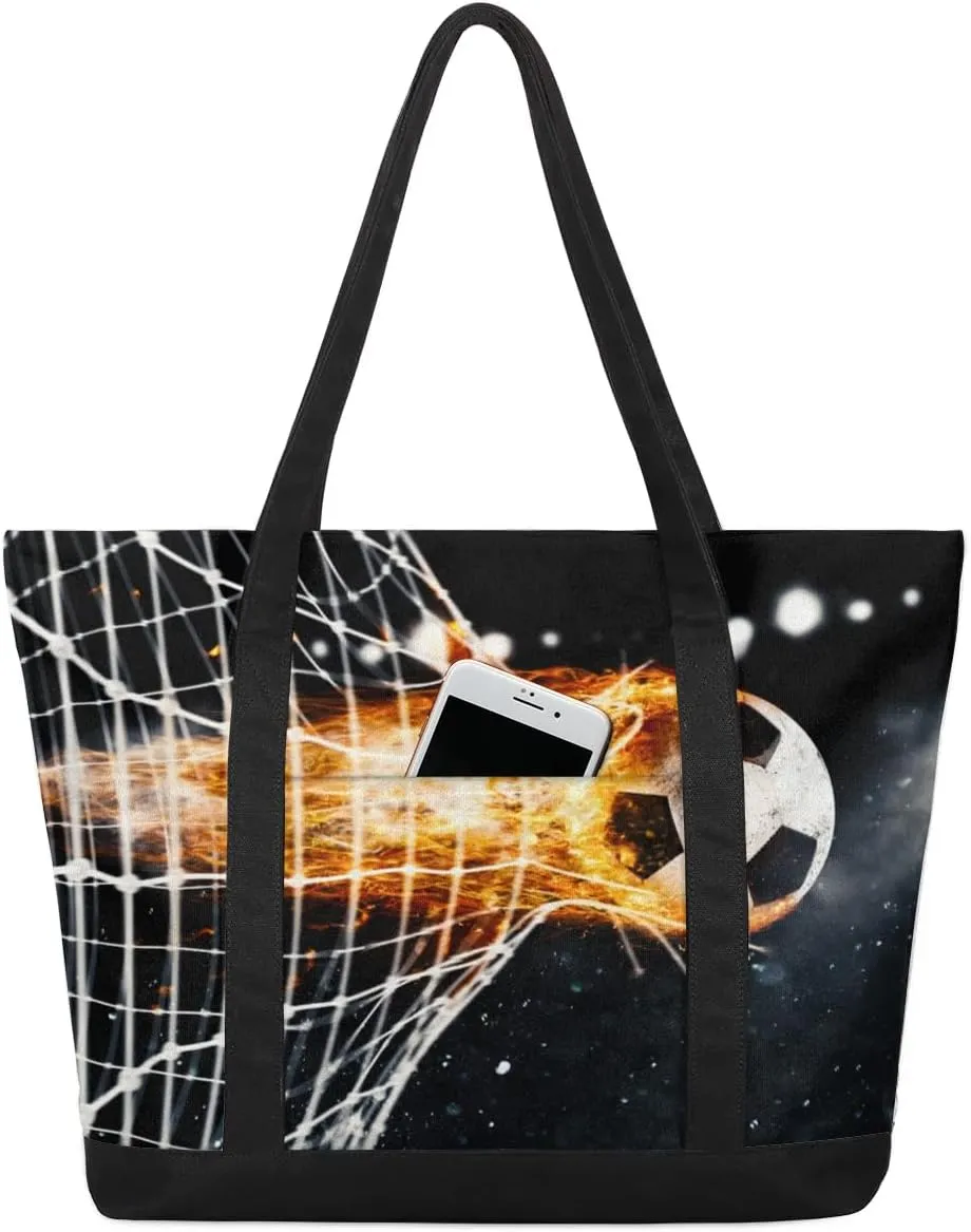 Football Fire Net Tote Bag for Women Work Canvas Travel Tote Bags with Zipper Large Capacity Casual Handbag with Inner Pockets Reusable Shopping Shoulder Bag for Teacher Nurse