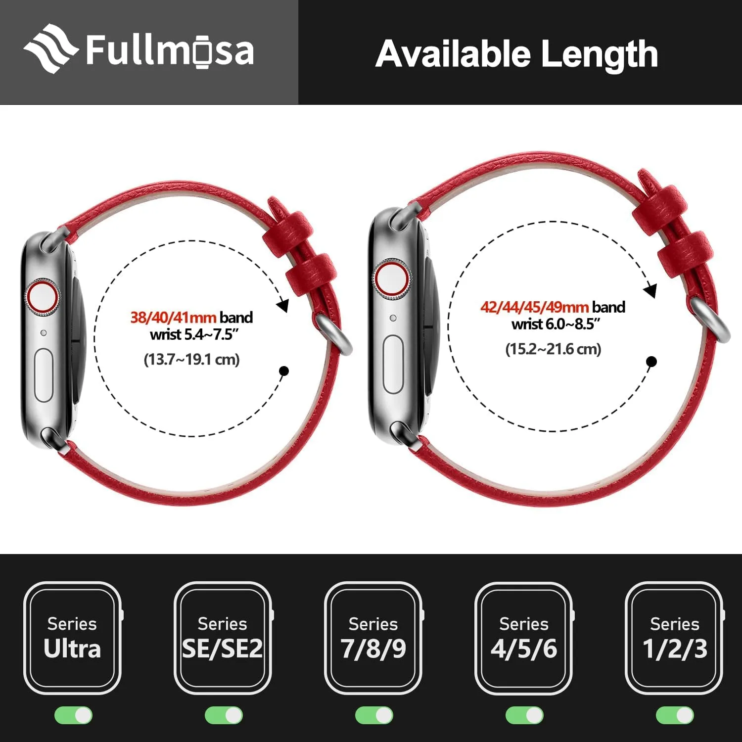 Fullmosa Leather Bands Compatible with Apple Watch Band 41mm 40mm 38mm 42mm 44mm 45mm 46mm 49mm Women Men for iWatch Ultra 2/Ultra/10/9/8/7/6/5/4/3/2/1/SE2/SE, 42mm 41mm 40mm 38mm Red/Silver