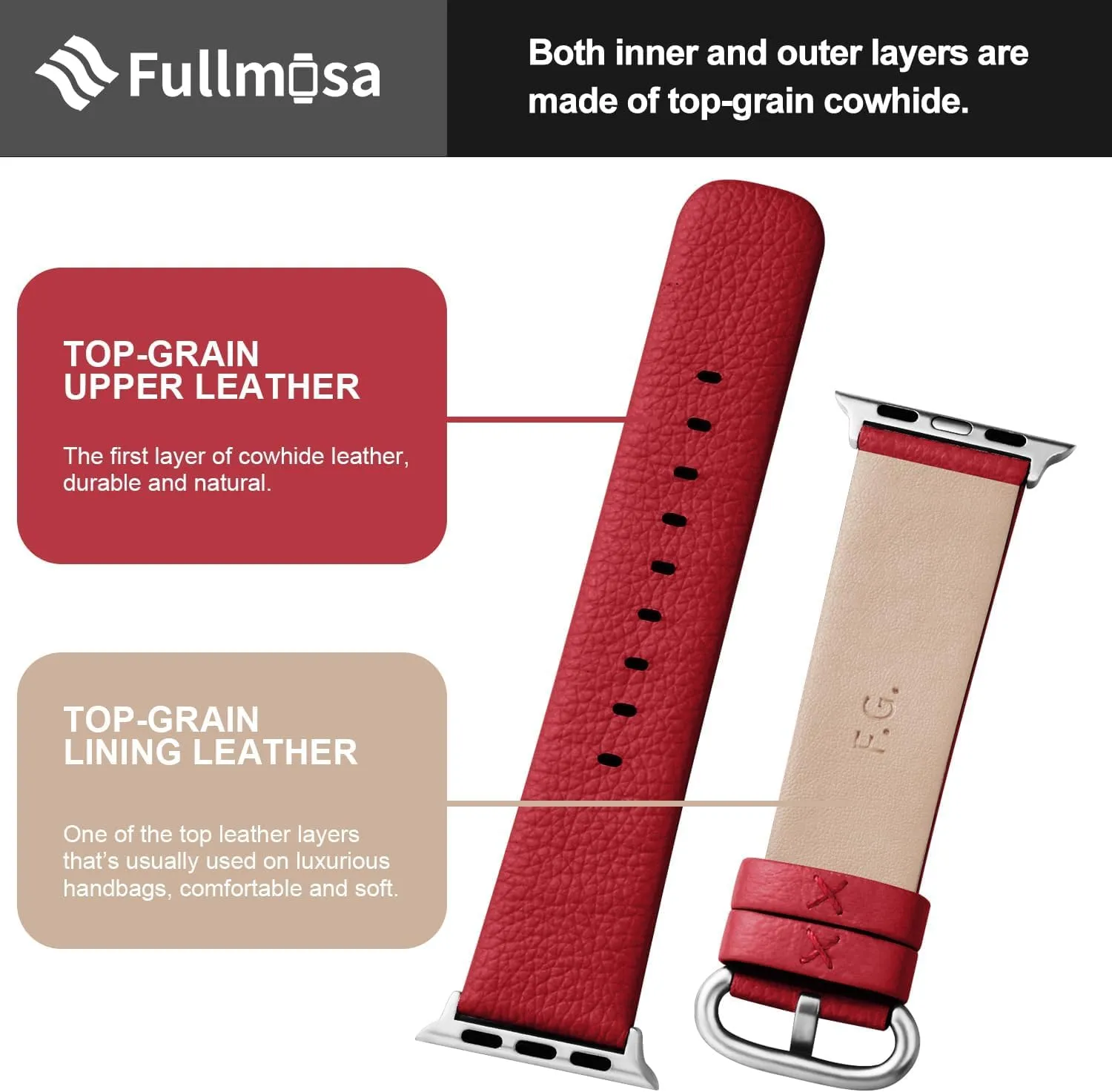 Fullmosa Leather Bands Compatible with Apple Watch Band 41mm 40mm 38mm 42mm 44mm 45mm 46mm 49mm Women Men for iWatch Ultra 2/Ultra/10/9/8/7/6/5/4/3/2/1/SE2/SE, 42mm 41mm 40mm 38mm Red/Silver