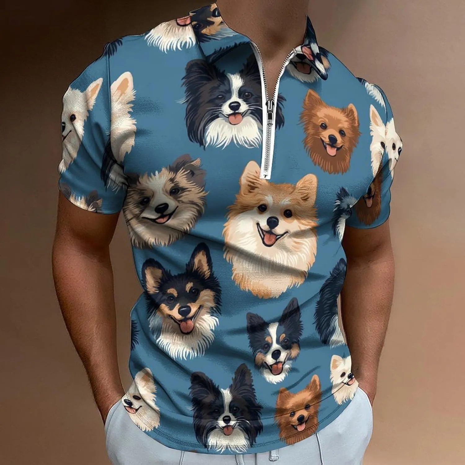 Funny Dogs Pattern Polo Shirt Short Sleeve Zippered Tees Casual Workout Golf T Shirt Slim Fit Tops for Men