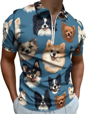 Funny Dogs Pattern Polo Shirt Short Sleeve Zippered Tees Casual Workout Golf T Shirt Slim Fit Tops for Men