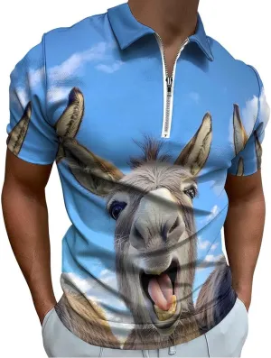 Funny Three Donkeys Polo Shirt Short Sleeve Zippered Tees Casual Workout Golf T Shirt Slim Fit Tops for Men