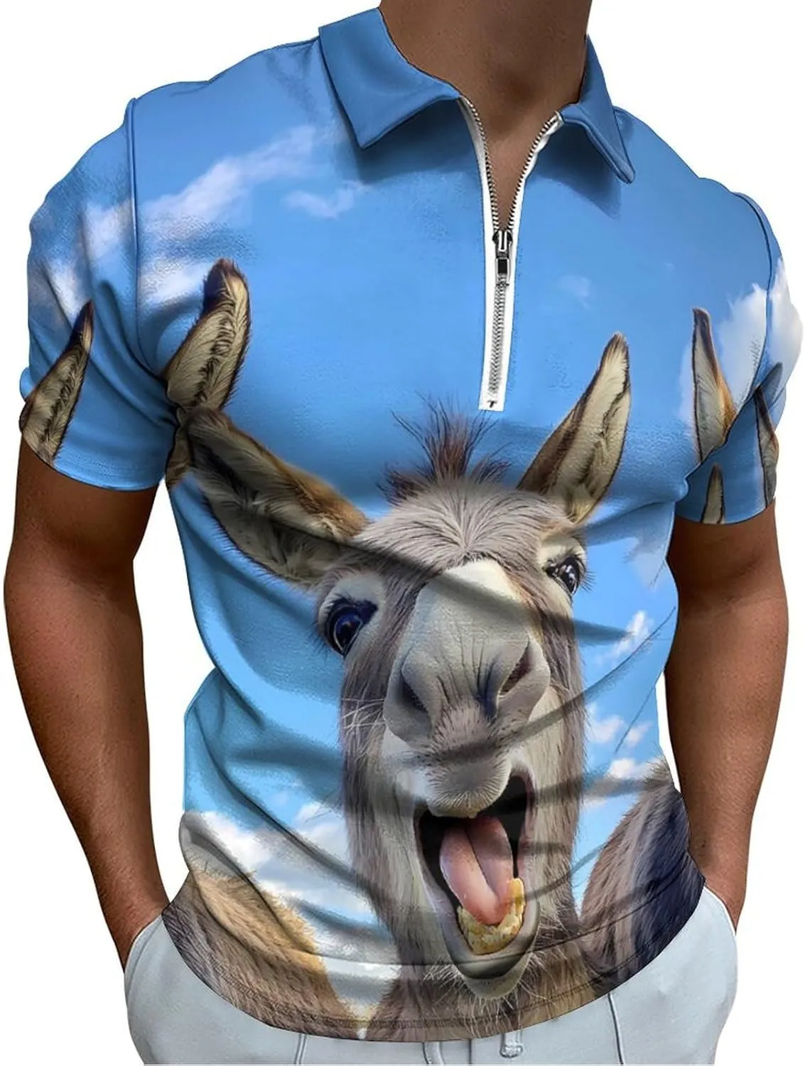 Funny Three Donkeys Polo Shirt Short Sleeve Zippered Tees Casual Workout Golf T Shirt Slim Fit Tops for Men