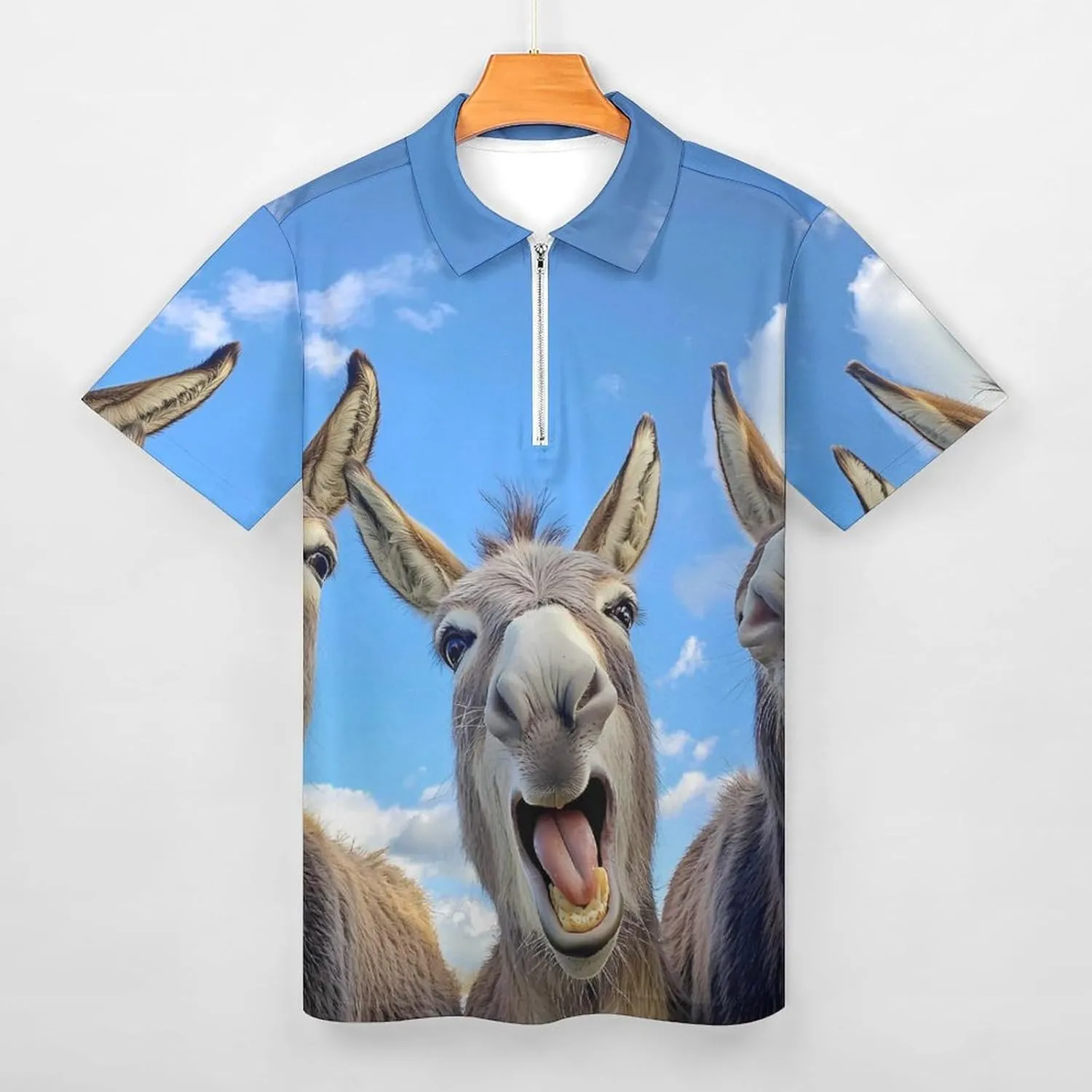 Funny Three Donkeys Polo Shirt Short Sleeve Zippered Tees Casual Workout Golf T Shirt Slim Fit Tops for Men