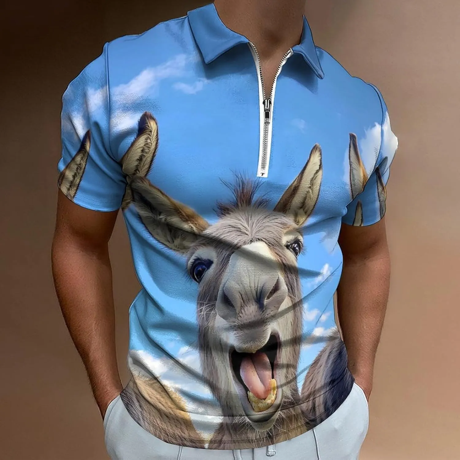 Funny Three Donkeys Polo Shirt Short Sleeve Zippered Tees Casual Workout Golf T Shirt Slim Fit Tops for Men