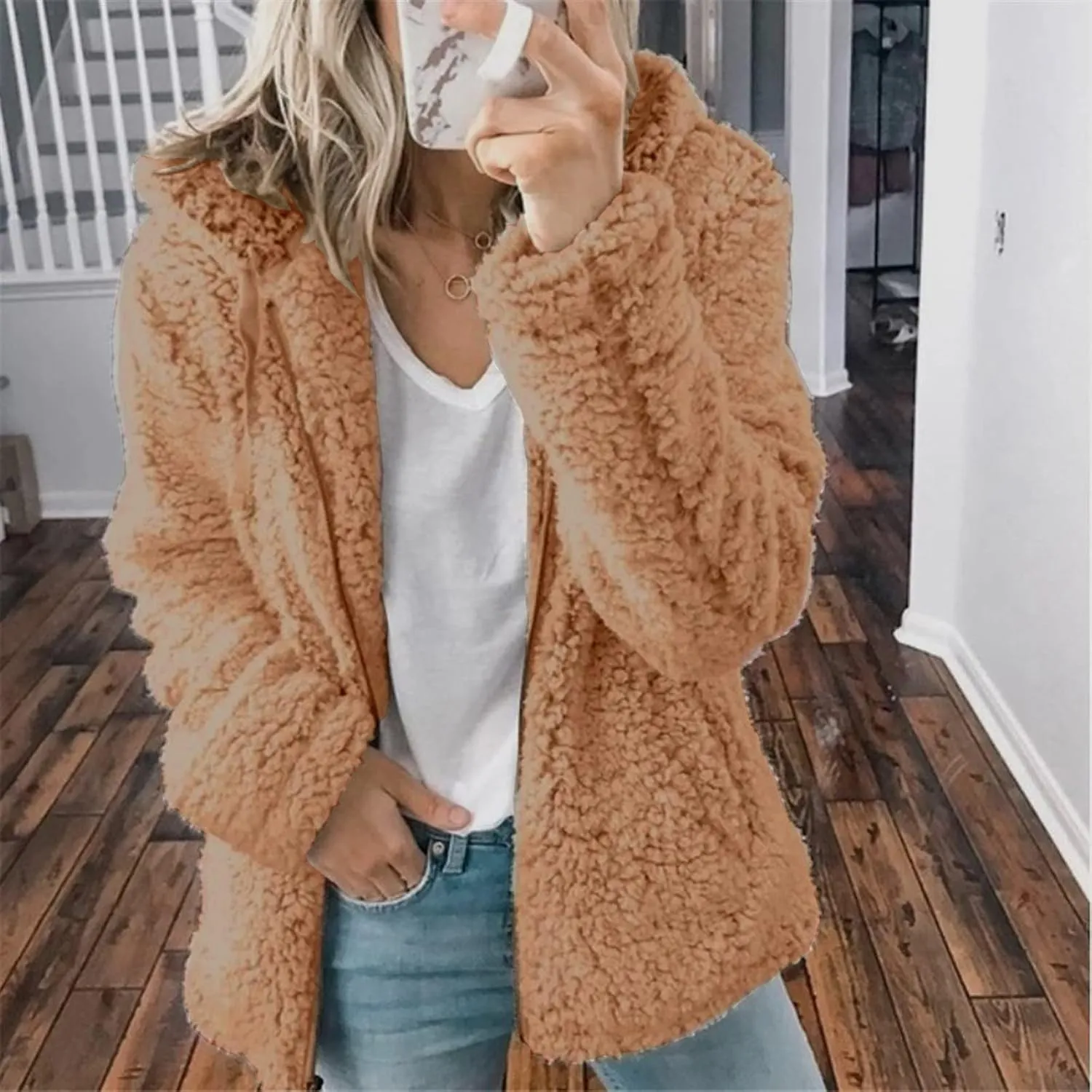 Fuzzy Fleece Jacket for Women Fall Winter Warm Shaggy Teddy Coats Oversized Zip Up Faux Fur Sherpa Hoodies Outwear