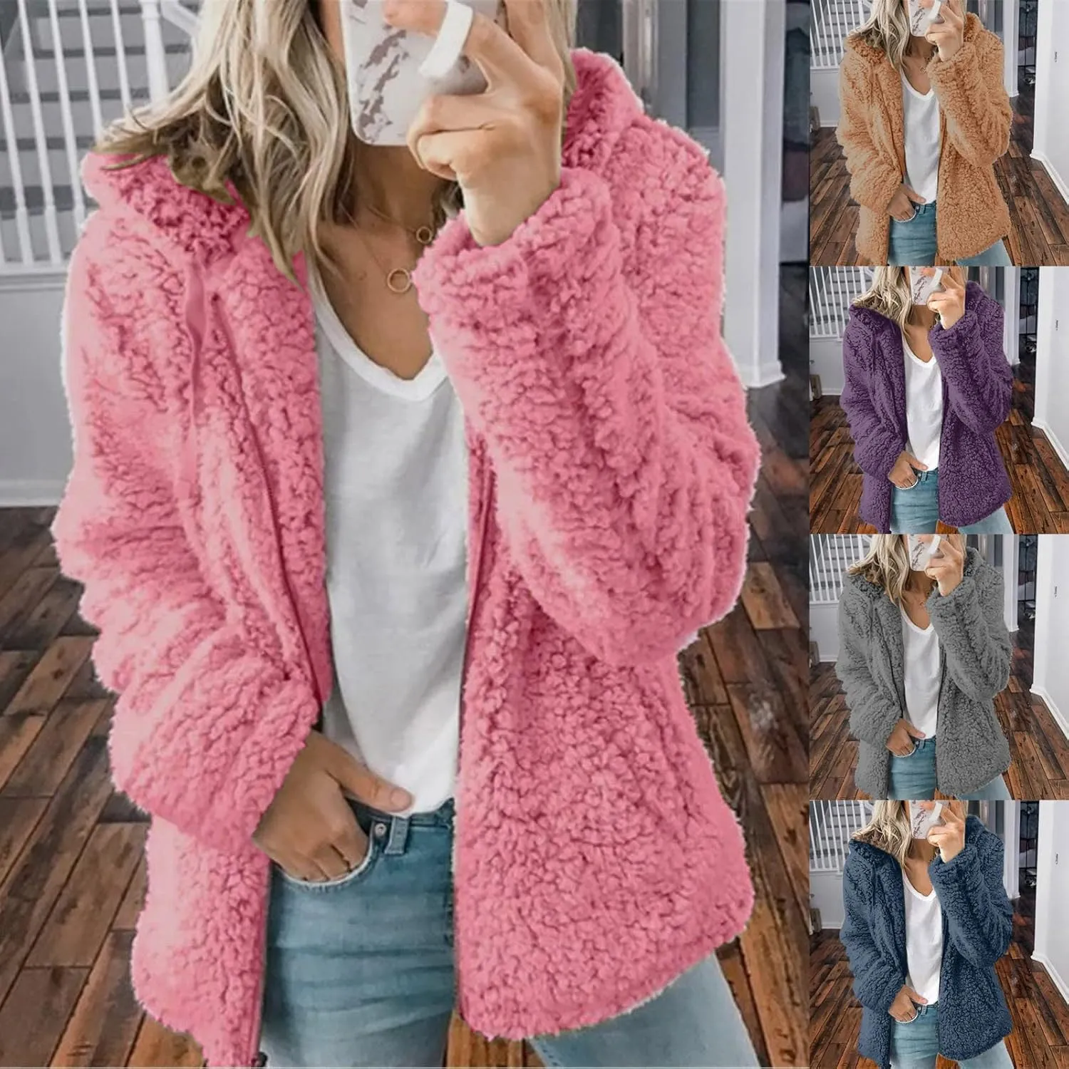 Fuzzy Fleece Jacket for Women Fall Winter Warm Shaggy Teddy Coats Oversized Zip Up Faux Fur Sherpa Hoodies Outwear