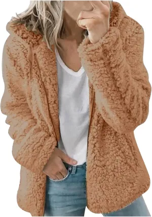 Fuzzy Fleece Jacket for Women Fall Winter Warm Shaggy Teddy Coats Oversized Zip Up Faux Fur Sherpa Hoodies Outwear