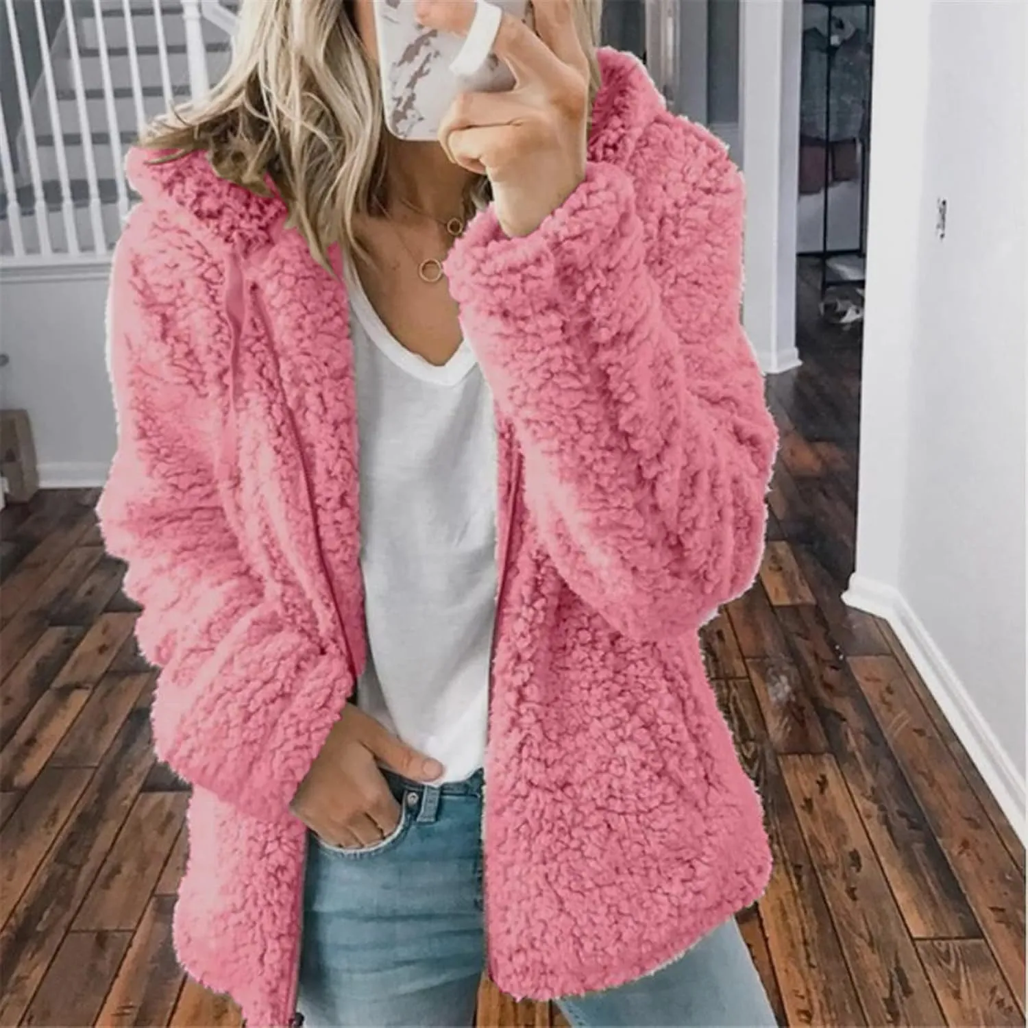 Fuzzy Fleece Jacket for Women Fall Winter Warm Shaggy Teddy Coats Oversized Zip Up Faux Fur Sherpa Hoodies Outwear