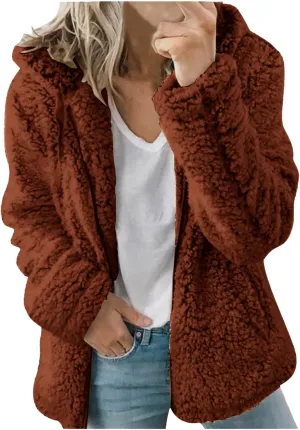 Fuzzy Fleece Jacket for Women Fall Winter Warm Shaggy Teddy Coats Oversized Zip Up Faux Fur Sherpa Hoodies Outwear