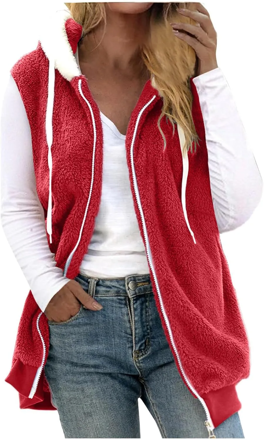 Fuzzy Fleece Vest For Women Zip Up Fall Fashion Hooded Sleeveless Sherpa Jacket With Pockets Lightweight Vest