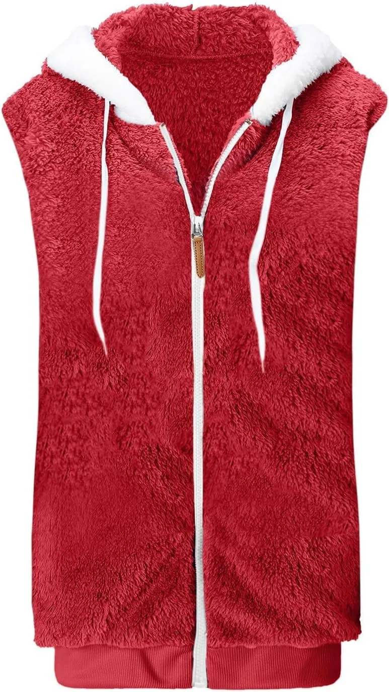 Fuzzy Fleece Vest For Women Zip Up Fall Fashion Hooded Sleeveless Sherpa Jacket With Pockets Lightweight Vest