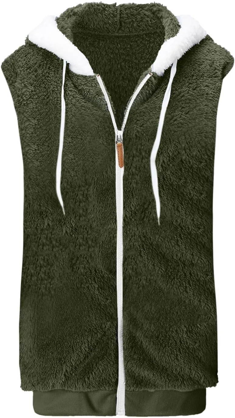 Fuzzy Fleece Vest For Women Zip Up Fall Fashion Hooded Sleeveless Sherpa Jacket With Pockets Lightweight Vest