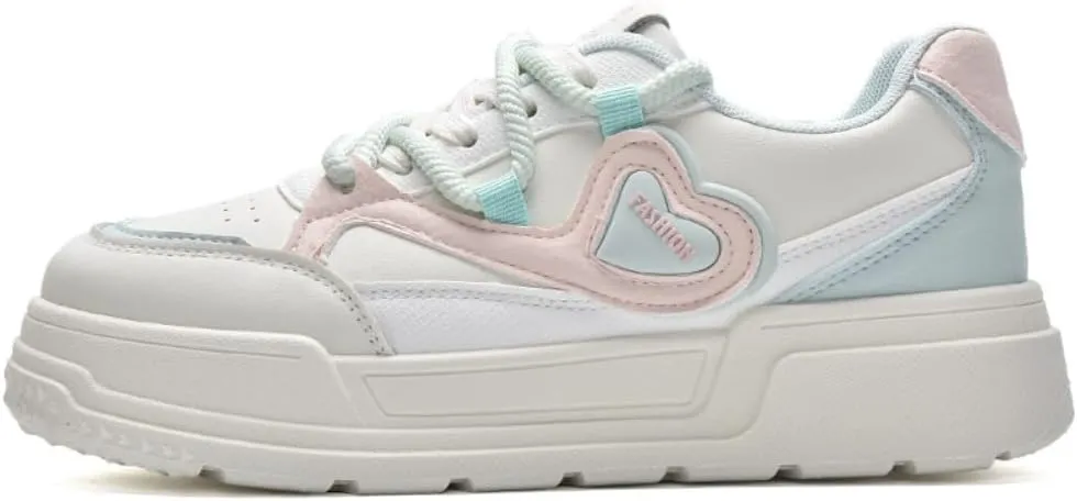 Geerta Cute Shoes - Thick Sole Pretty Pastel White Chunky Platform Sneaker Kawaii Love Heart Y2K Colorful Aesthetic Elevated Trainer for Women Girl Casual School Summer Beach Travel
