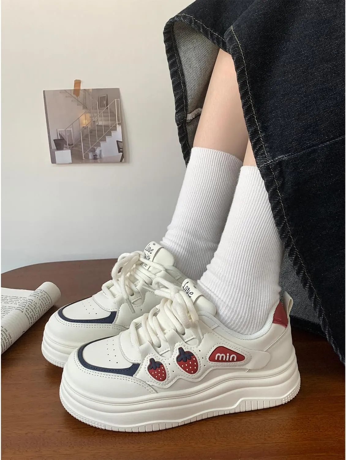 Geerta Cute Shoes Y2K  Strawberry Thick Sole Sneaker Chunky Platform Elevated White Trainer for Women Girls Casual School Summer Beach Travel Pretty Pastel Aesthetic Cookie Sneaker