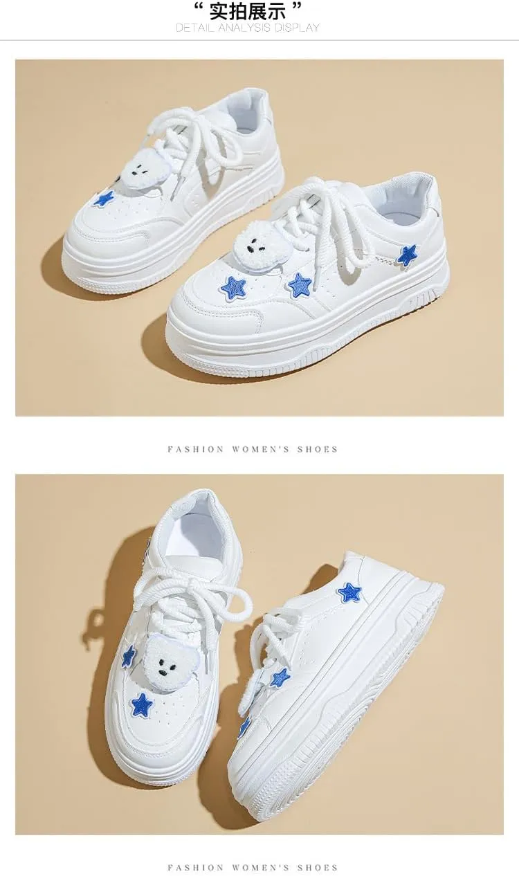 Geerta Star Shoes - Bear Charms Platform Thick Sole Y2K Chunky Walking White Sneaker for Women Girls Vintage Cute Japanese Style Kawaii Doll Outfit Everyday Casual School Summer