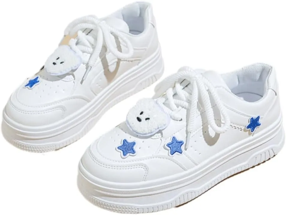 Geerta Star Shoes - Bear Charms Platform Thick Sole Y2K Chunky Walking White Sneaker for Women Girls Vintage Cute Japanese Style Kawaii Doll Outfit Everyday Casual School Summer