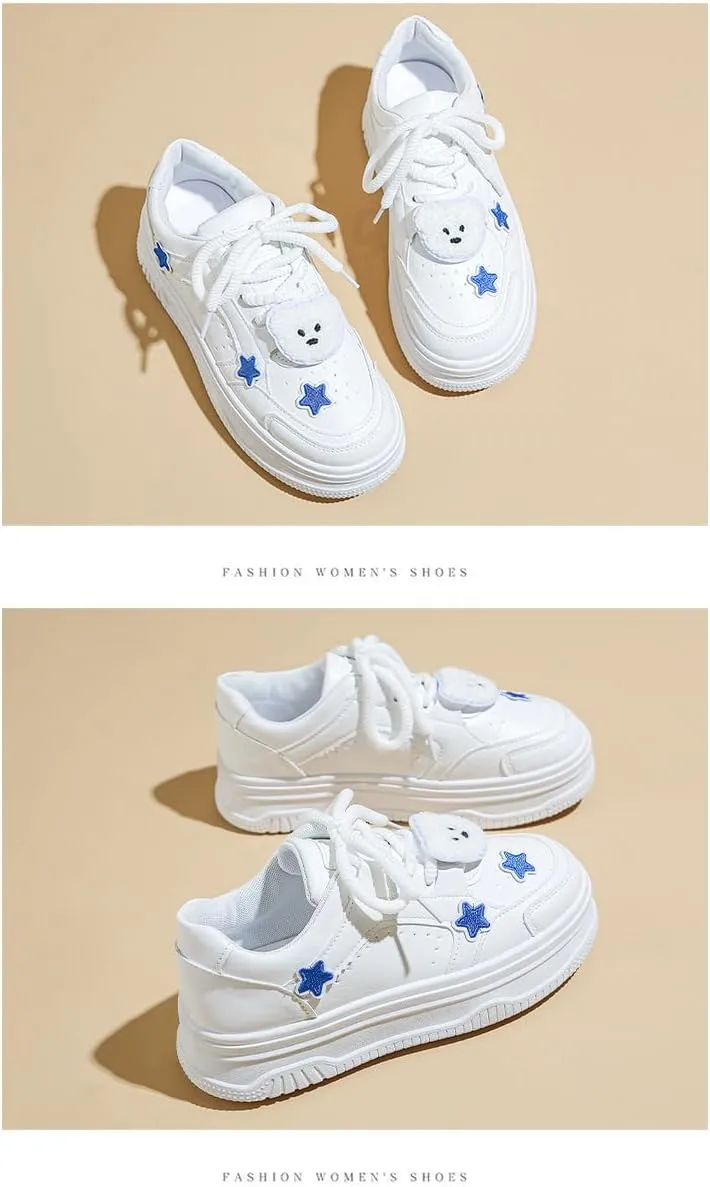 Geerta Star Shoes - Bear Charms Platform Thick Sole Y2K Chunky Walking White Sneaker for Women Girls Vintage Cute Japanese Style Kawaii Doll Outfit Everyday Casual School Summer