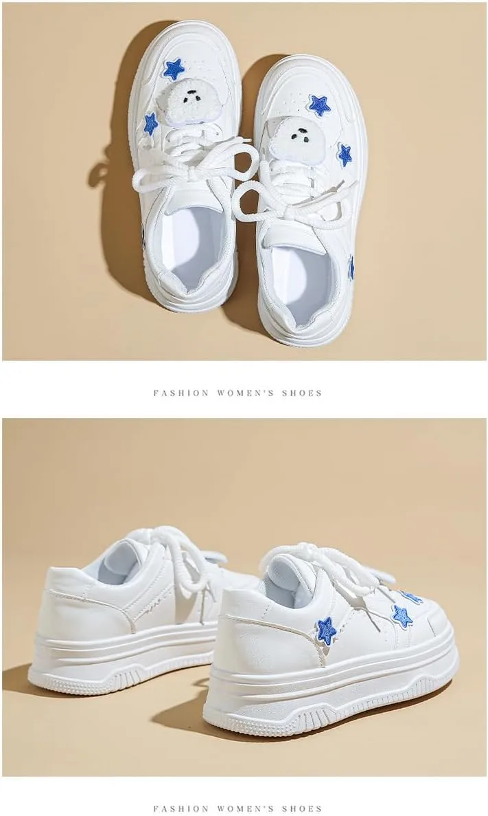 Geerta Star Shoes - Bear Charms Platform Thick Sole Y2K Chunky Walking White Sneaker for Women Girls Vintage Cute Japanese Style Kawaii Doll Outfit Everyday Casual School Summer