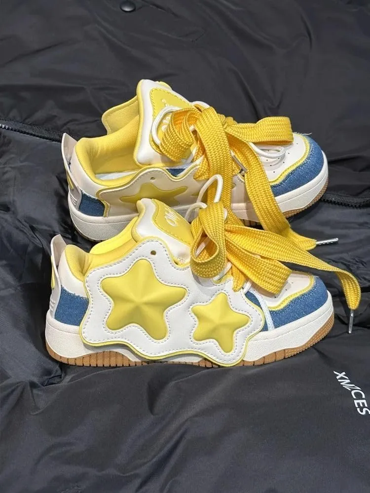 Geerta Star Sneaker - White Chunky Platform Thick Sole Walking Shoes Maximalism Y2K Dopamine Dressing Cute Kawaii Japanese Style for Women Girls Summer School