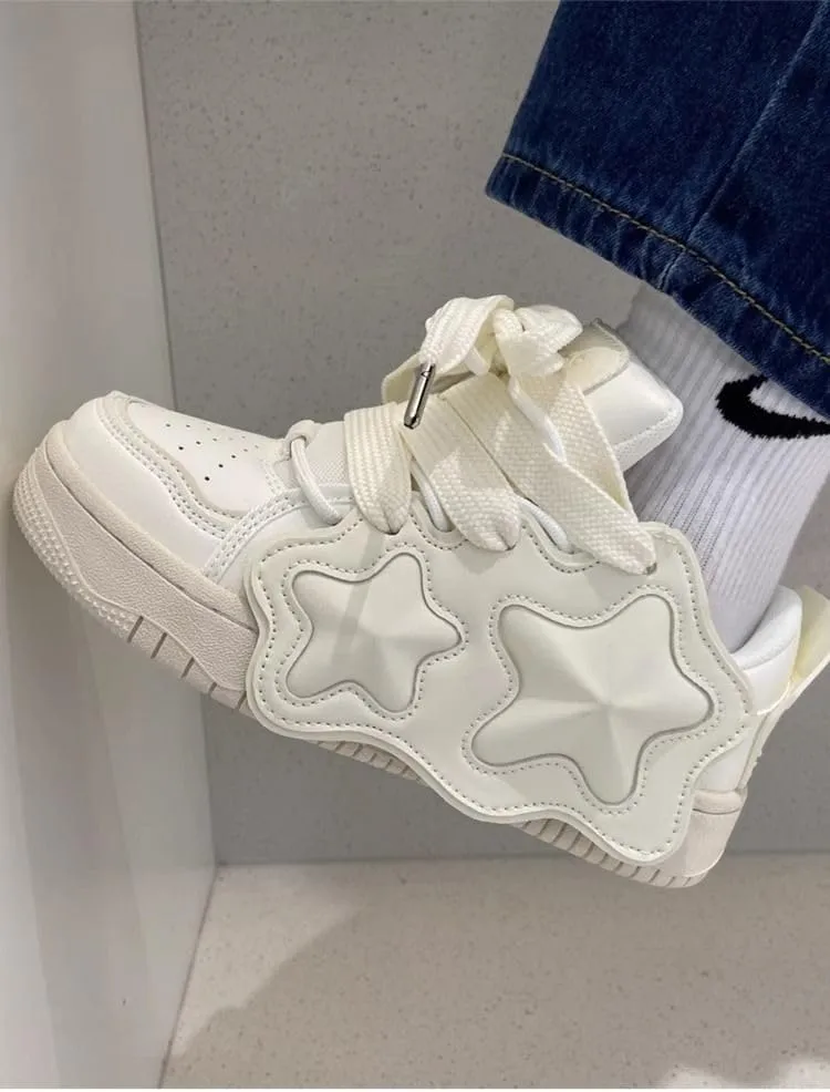 Geerta Star Sneaker - White Chunky Platform Thick Sole Walking Shoes Maximalism Y2K Dopamine Dressing Cute Kawaii Japanese Style for Women Girls Summer School