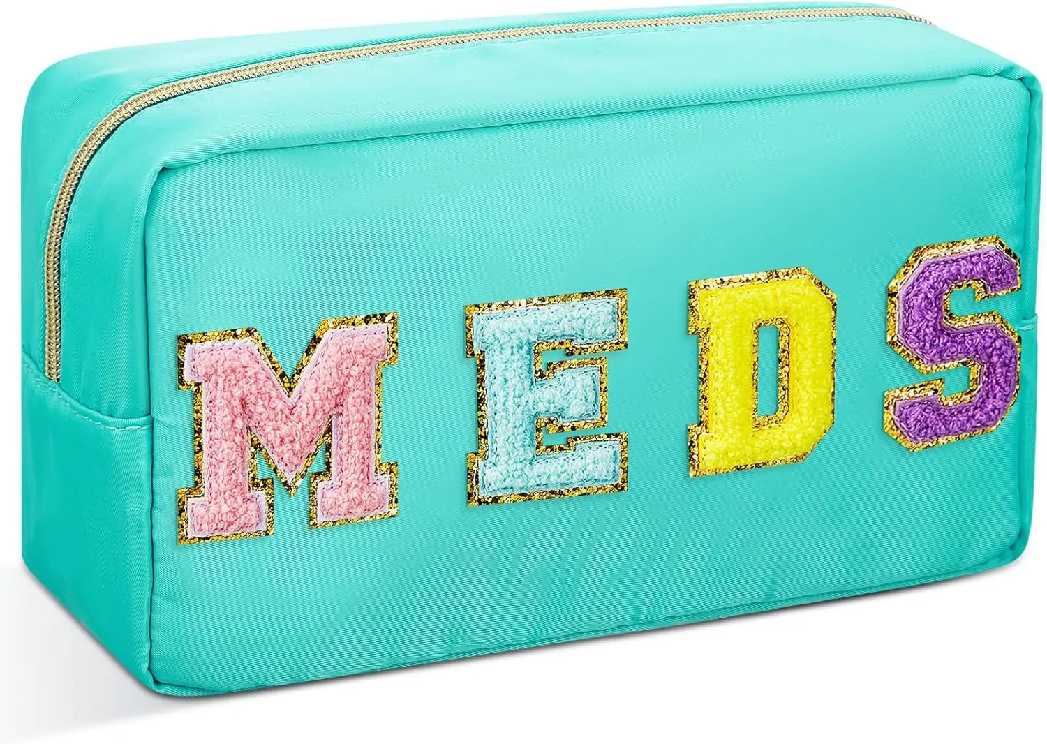 Geetery Chenille Letter Bag Nylon Makeup Bag Portable Bag Makeup Cases Preppy Patch Makeup Bag with Zipper Cosmetic Toiletry Storage Bag for Women(Green,Hidden MEDS)