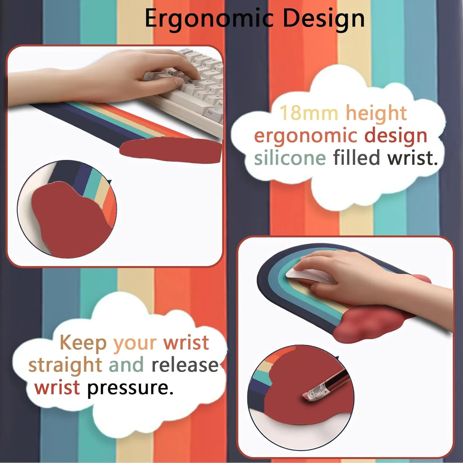 Gel Cloud Keyboard Wrist Rest Rainbow Mouse Pad with Wrist Rest for Computer Keyboard and Mouse Pad Set Silicone PU Base Cute Ergonomic Red Cloud Wrist Pad Support for Gaming Desk Laptop Home Office