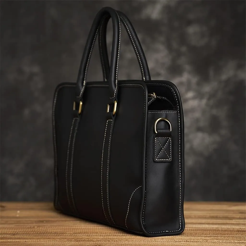 Genuine Leather Briefcase Men Shoulder Handmade Bag Black Laptop Business Bags Handbags Casual