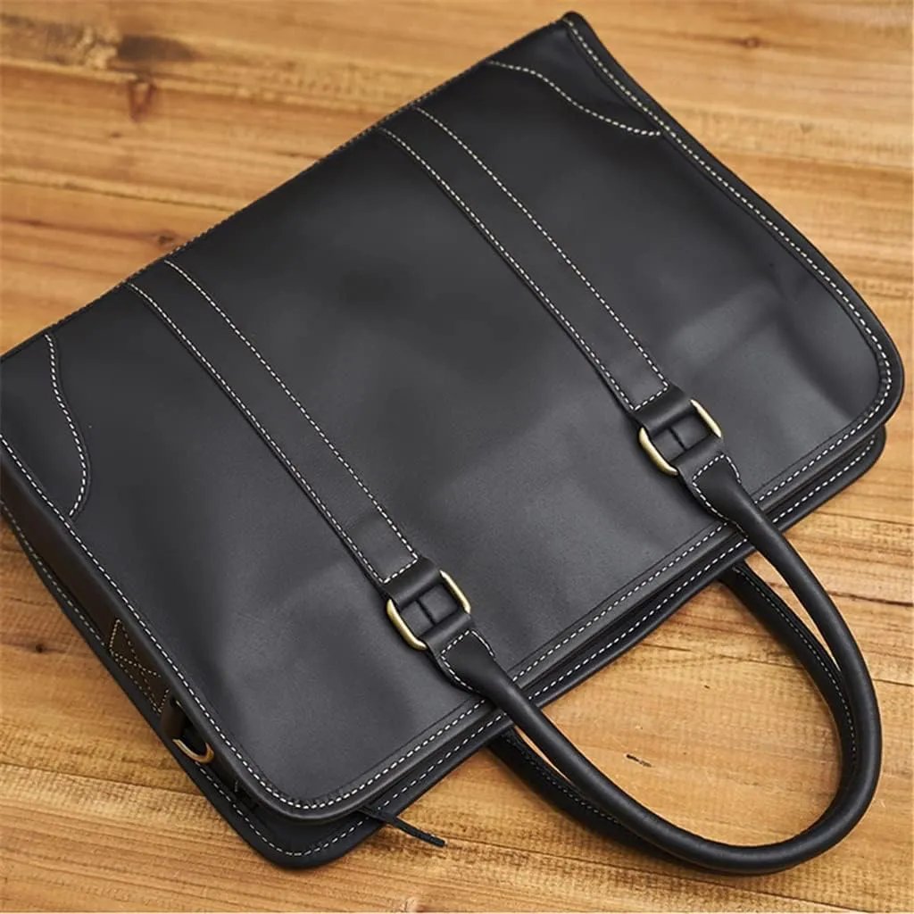 Genuine Leather Briefcase Men Shoulder Handmade Bag Black Laptop Business Bags Handbags Casual