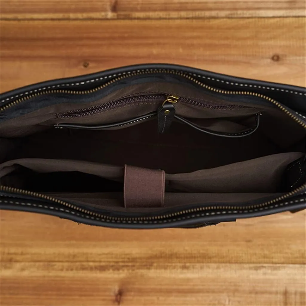Genuine Leather Briefcase Men Shoulder Handmade Bag Black Laptop Business Bags Handbags Casual