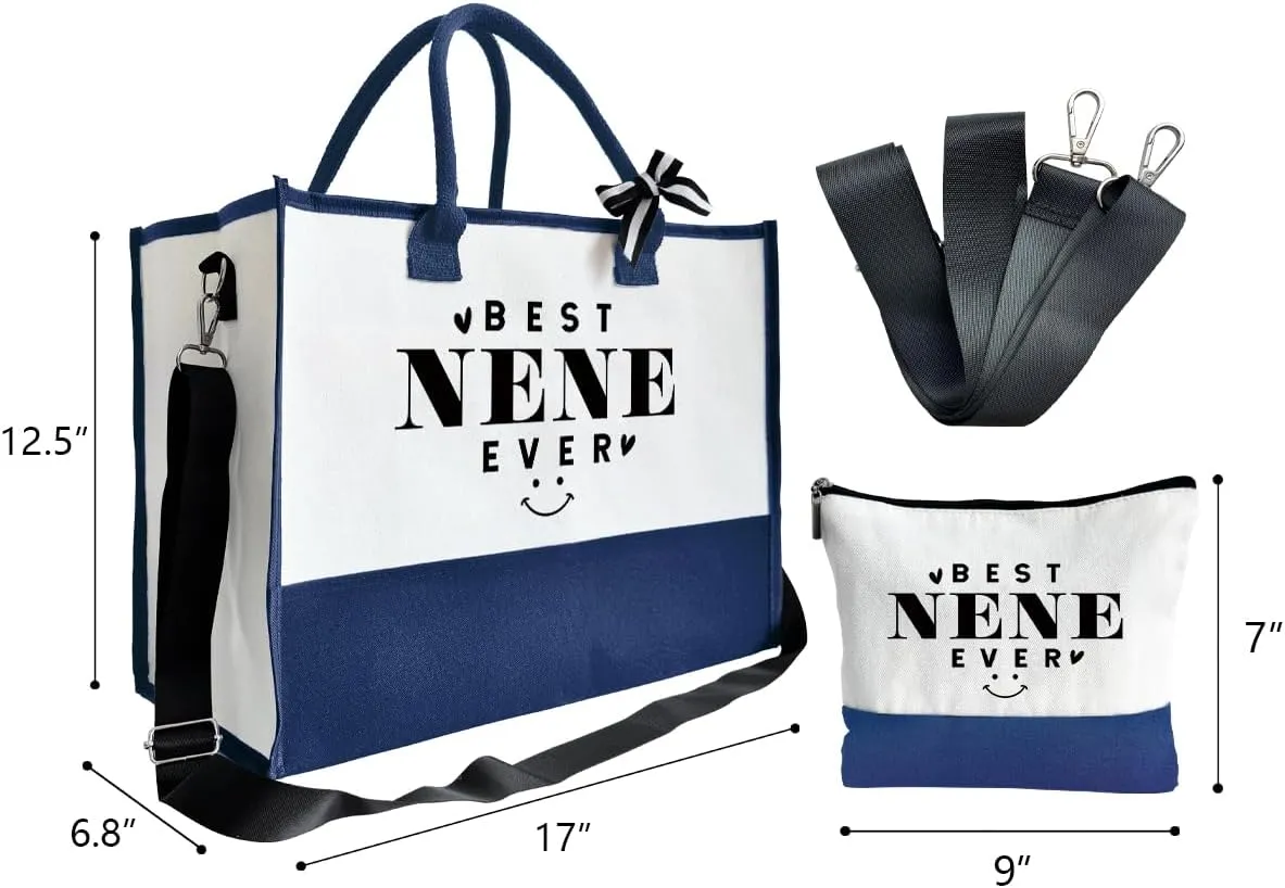 Gift for Best Nene Ever, Canvas Beach Bag, Canvas Tote Bag for Women, Canvas Tote Present Bag with Inner Pocket & Make Up Bag, Mother's Day Gift for Mom Grandma, Nene Bag Gift, Nene Birthday Gift C1