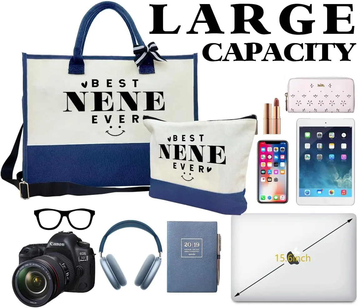 Gift for Best Nene Ever, Canvas Beach Bag, Canvas Tote Bag for Women, Canvas Tote Present Bag with Inner Pocket & Make Up Bag, Mother's Day Gift for Mom Grandma, Nene Bag Gift, Nene Birthday Gift C1