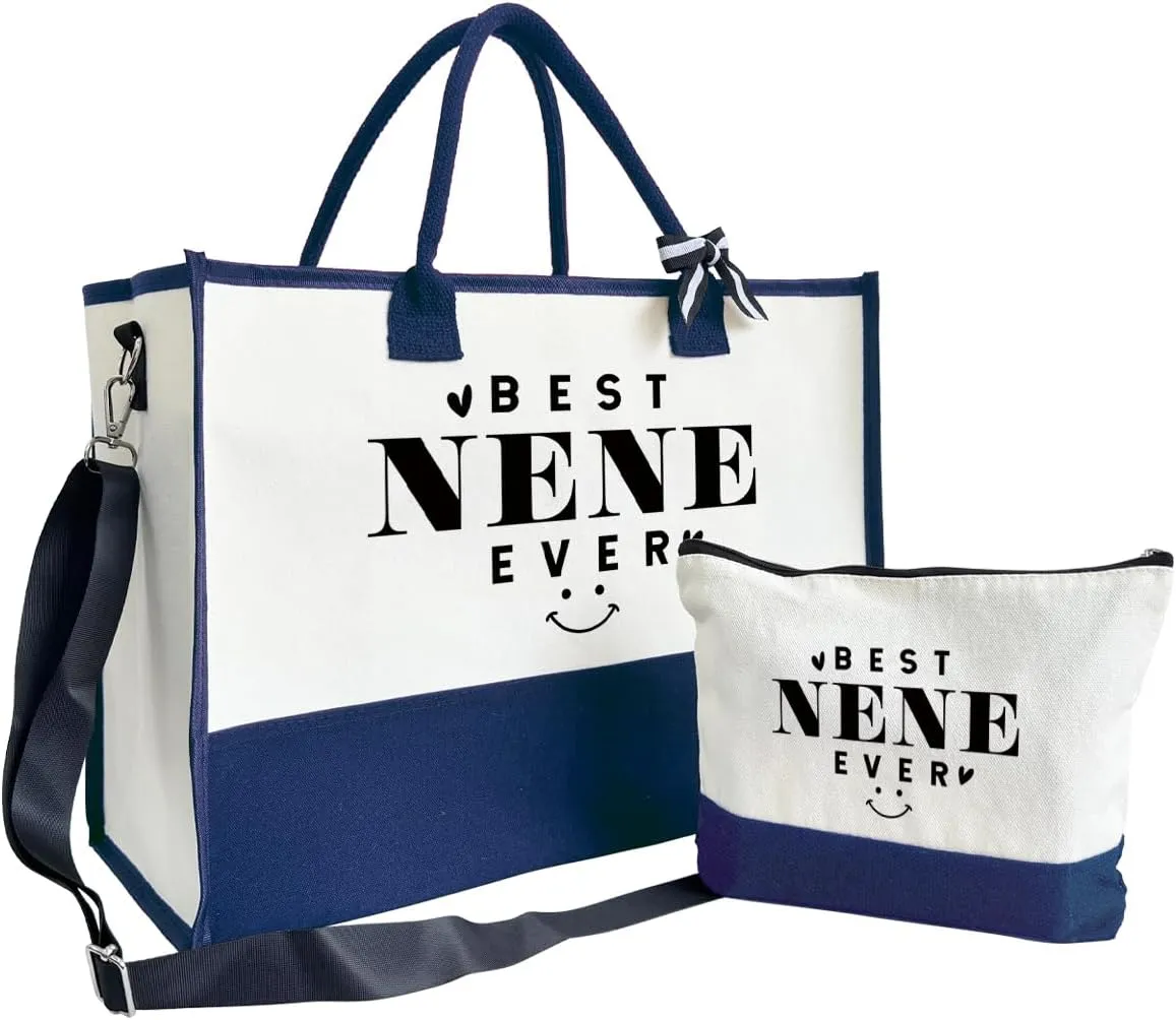 Gift for Best Nene Ever, Canvas Beach Bag, Canvas Tote Bag for Women, Canvas Tote Present Bag with Inner Pocket & Make Up Bag, Mother's Day Gift for Mom Grandma, Nene Bag Gift, Nene Birthday Gift C1
