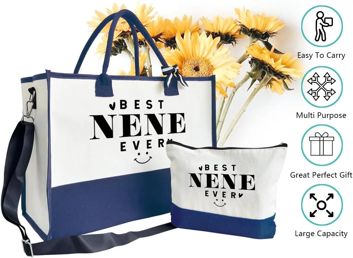 Gift for Best Nene Ever, Canvas Beach Bag, Canvas Tote Bag for Women, Canvas Tote Present Bag with Inner Pocket & Make Up Bag, Mother's Day Gift for Mom Grandma, Nene Bag Gift, Nene Birthday Gift C1