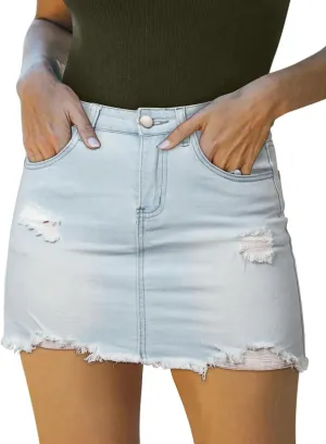 GOBLES Women's Sexy Mid Waist Zipper Closure Frayed Raw Hem Ripped Mini Denim Skirts