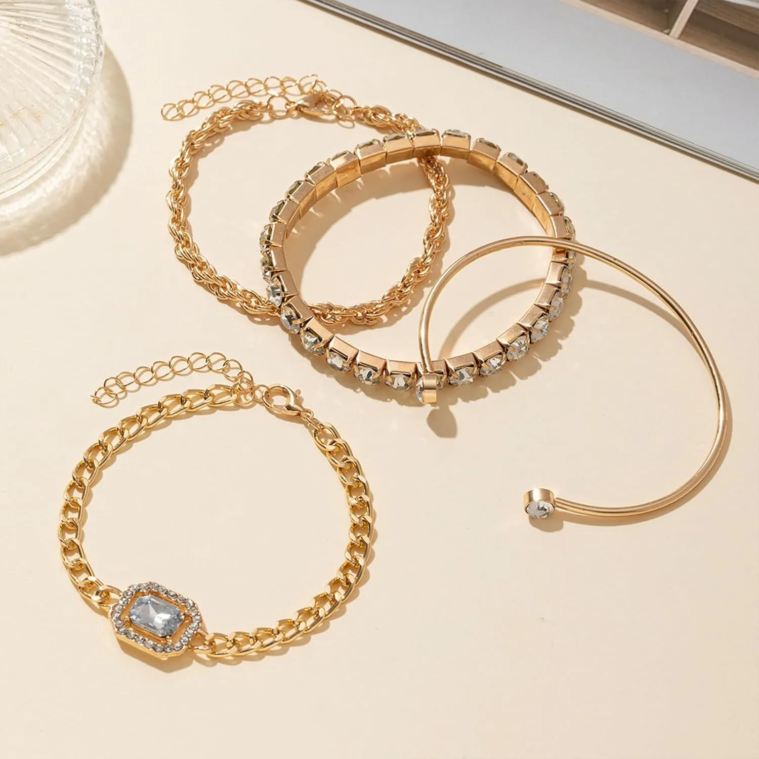 Gold Bangle Bracelets for Women Trendy 14k Gold Plated Stackable Dainty Cuff Bracelet Adjustable Charm Rhinestone Cuban Link Chain Tarnish Free Golden Jewelry Sets Fashion Accessories Gifts