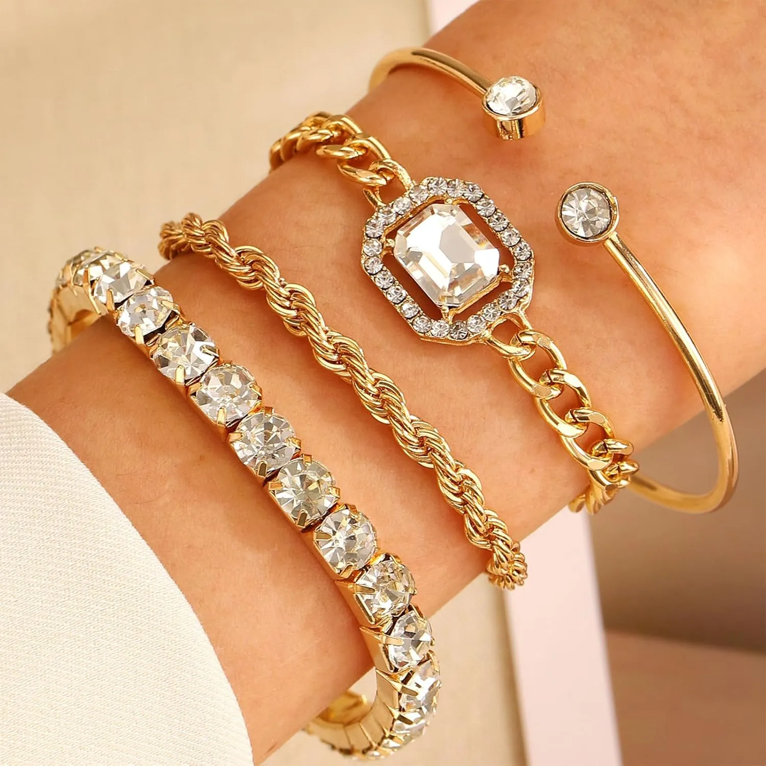 Gold Bangle Bracelets for Women Trendy 14k Gold Plated Stackable Dainty Cuff Bracelet Adjustable Charm Rhinestone Cuban Link Chain Tarnish Free Golden Jewelry Sets Fashion Accessories Gifts